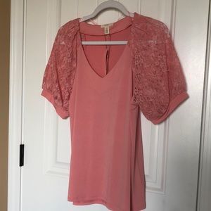 Cupid blush v-neck pink blouse with floral lace shirt sleeves; dress up or down.